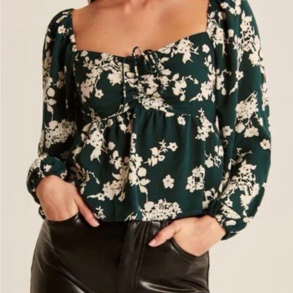 Abercrombie & Fitch Dark Green Floral Square-Neck Peplum Blouse